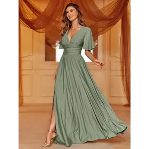 Sophisticated V-Neck Maxi Dress With Flutter Sleeves, Cinched Waist & Thigh Slit – Summer Formal Wear For Galas, Upscale Dinners, Evening Events