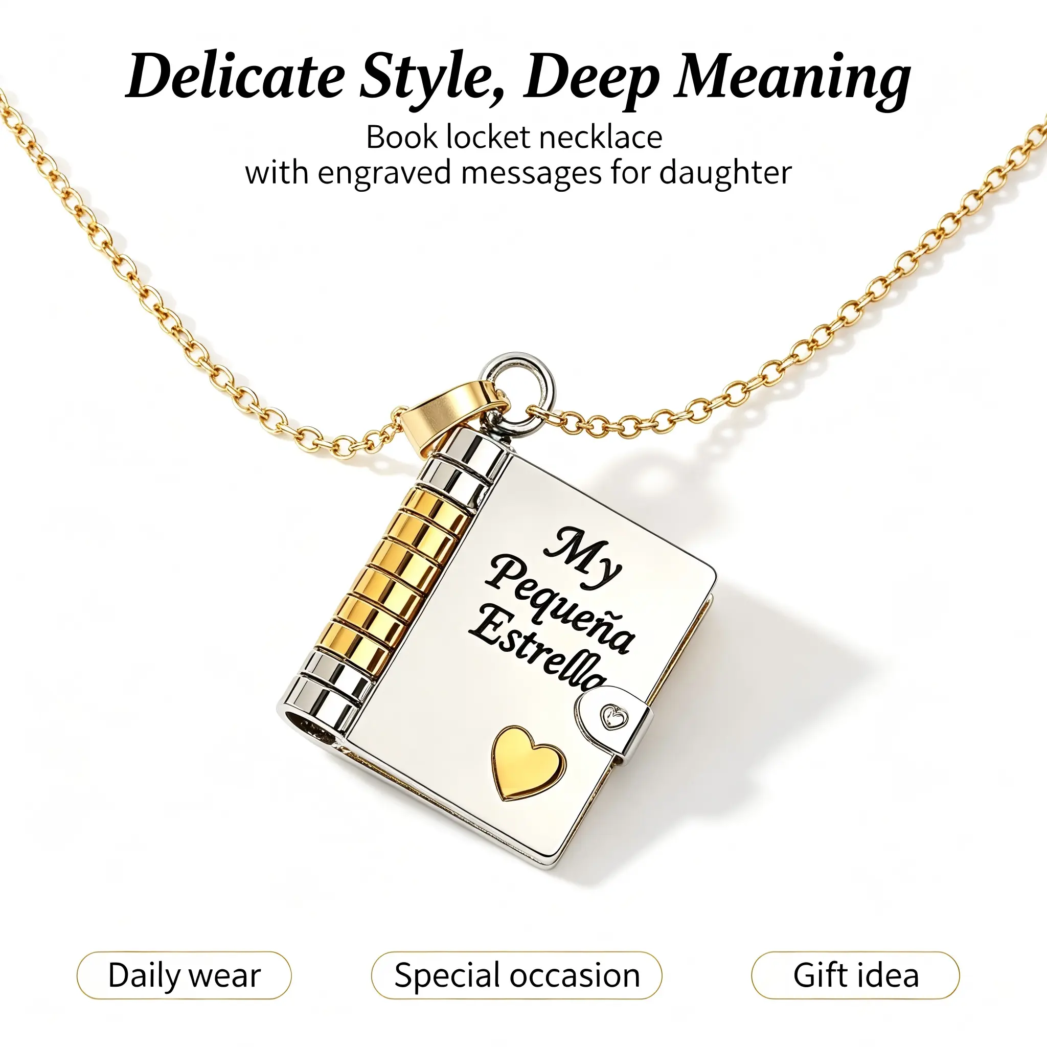Mi Pequeña Estrella Book Necklace - Dainty Adjustable Stainless Steel Jewelry with Spanish Inspirational Quote, 40cm+5cm Chain, 6 Openable Pages, Birthday Customizable Charm Necklace for Daughters, Christmas Sentimental Fashion Accessory