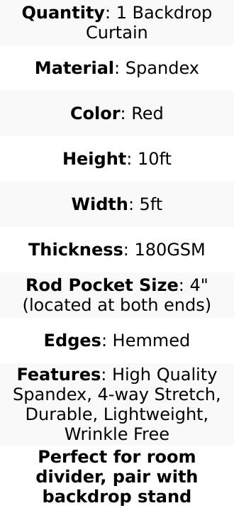 Red 4-Way Stretch Spandex Event Curtain Drapes, Wrinkle Free Backdrop Event Panel with Rod Pockets - 5ftx10ft