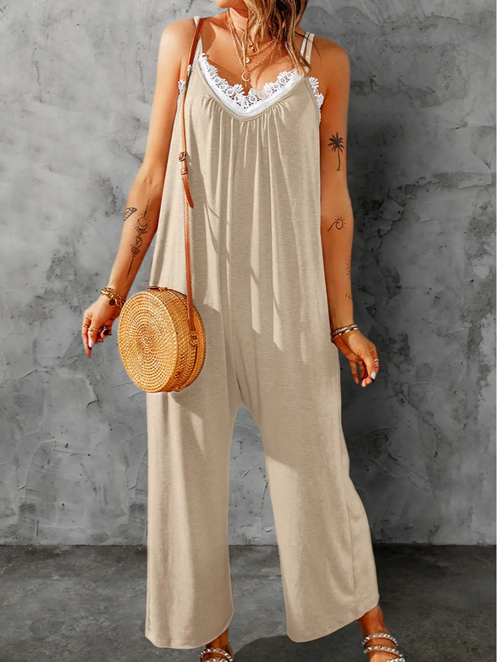 Casual Basic Solid Apricot Sleeveless Backless Spaghetti Strap Wide Leg Pocketed Shift Jumpsuit Romper for Daily Wear