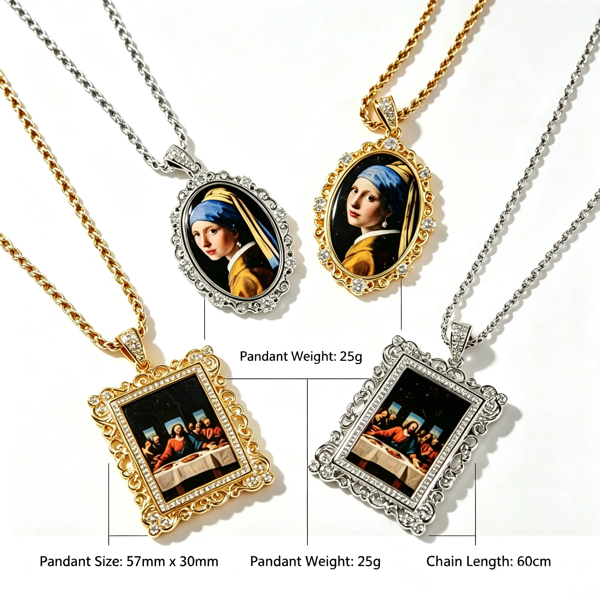 Unisex Vintage Classic Oil Painting Portrait Pendant Necklace - Girl with a Pearl Earring/The Last Supper Patterns, 57x30mm Gold/Silver Plated Hollow Frame Shiny CZs, 60cm Rope Chain Party Wear Costume Jewelry