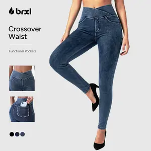 BRXL Women's High-Waisted Crossover Jeggings Stretchy Denim Leggings with Back Pockets V Cross Waist Design for Tummy Control and Flawless Fit #Streetwear #outdoorfun#Summervibes-1