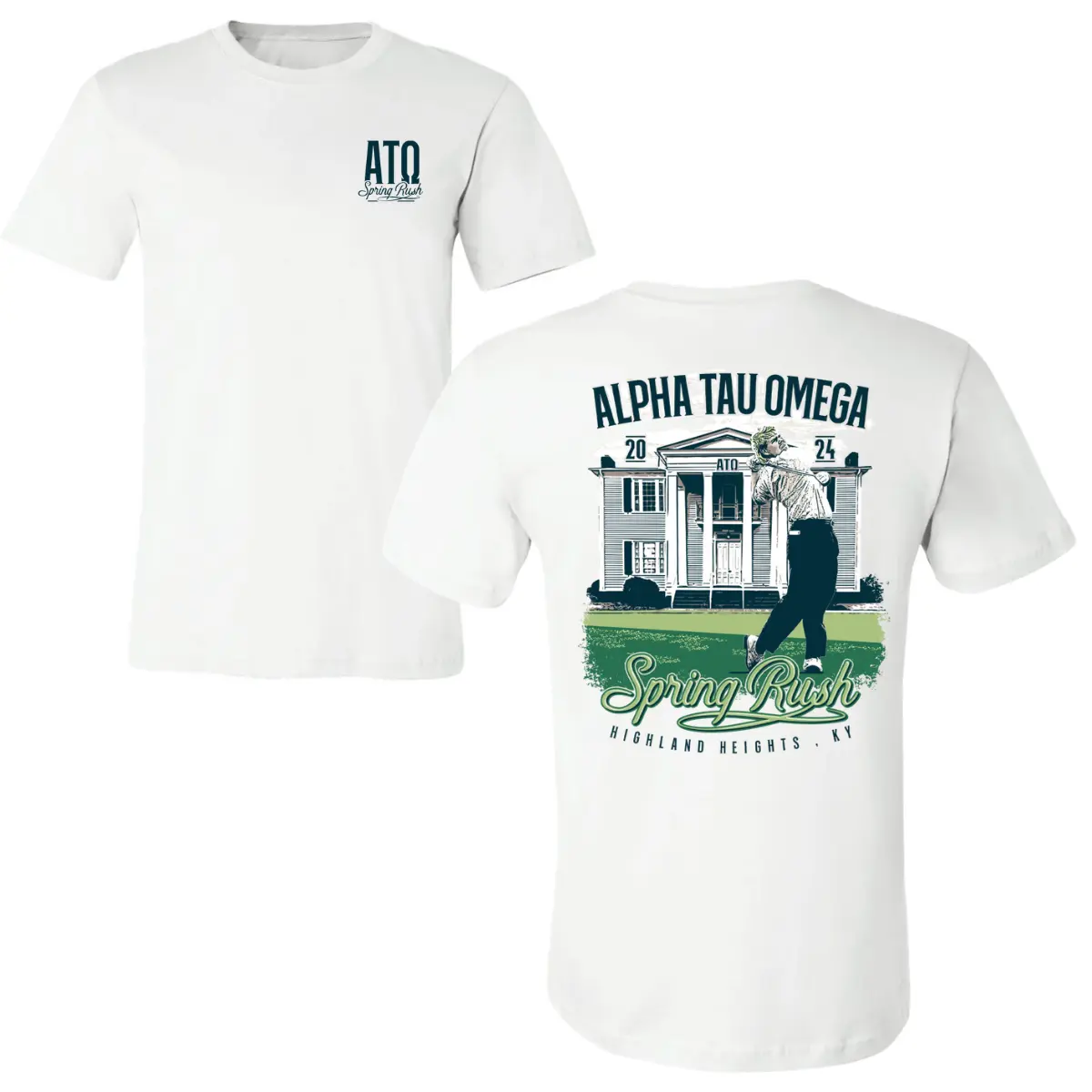 Alpha Tau Omega Spring Rush T-Shirt, 2024 Golf Swing Back Graphic with Fraternity House Illustration, ATΩ Chest Print, White Soft Cotton Blend Shirt, College Greek Life Apparel for Men and Women, Frat Recruitment Gift Tee