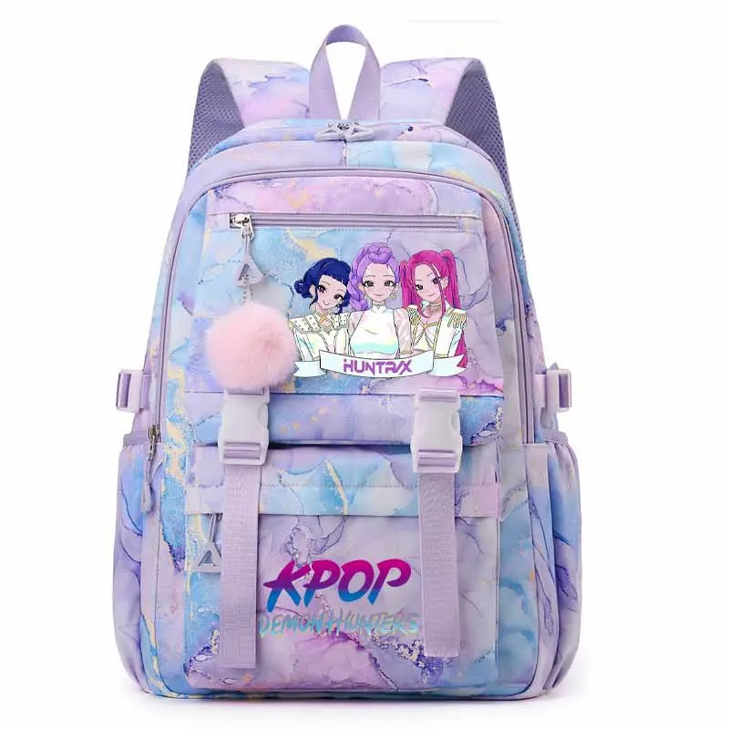 Kpop Anime Girl Group Print Backpack for Teen Girls Women, Purple Blue Marble Watercolor Large Capacity Student School Backpack, Lightweight Water Resistant Multi-Pocket Casual Daypack with Fluffy Pink Pom Pom Charm for Campus Travel Daily Shopping