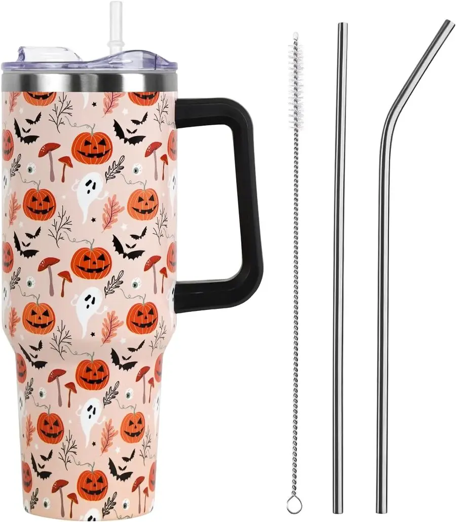 40oz Gothic Halloween Stainless Steel Tumbler - Glass-Lined, Vacuum Insulated, Thermal Insulation, Portable, Reusable, Leak-Proof Cup with Lid and Straw, Pink Polka Dots Ghost Design, Spooky Gift for Women, Fall Kitchenware Drinkware Accessory