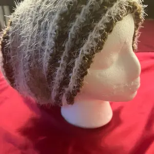 Swirled Cozy Tam Slouchy Hat Hand Crocheted Soft Stretch Fit Warm Brown Whisky White Heather Grey Tones 12.5 Inch Height
