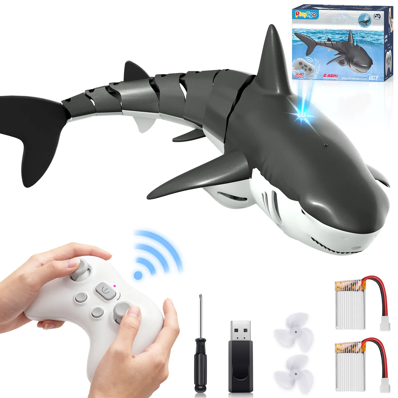 Remote Control Shark Spray Toys 1:18 High Simulation Scale Fish with Light for Lake Bathroom Pool 2.4g Electric RC Boat Gift