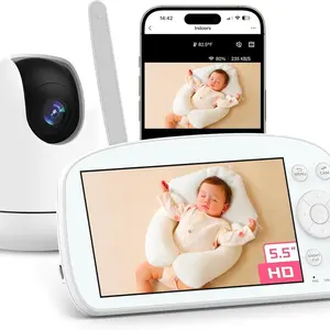Smart WiFi Baby Monitor with 5.5" 1080P Display and Integrated Camera, 360° Pan-Tilt, HD Night Vision, AI Motion & Temperature Detection, 2-Way Audio, Soothing Music for Nursery Newborn, Batteries Included, Integrated Camera Baby Monitor & Batteries, Pan-