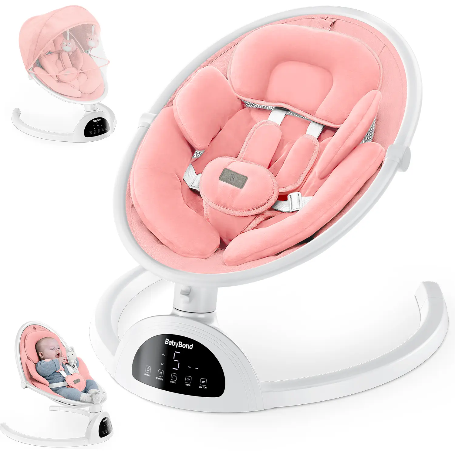 BabyBond Auto Baby Rocker - Baby Swing with Bluetooth, 5-Point Harness, 5 Sway Speeds & 10 Lullabies. Portable  for Infants, Perfect for Indoor/Outdoor Use - Pink