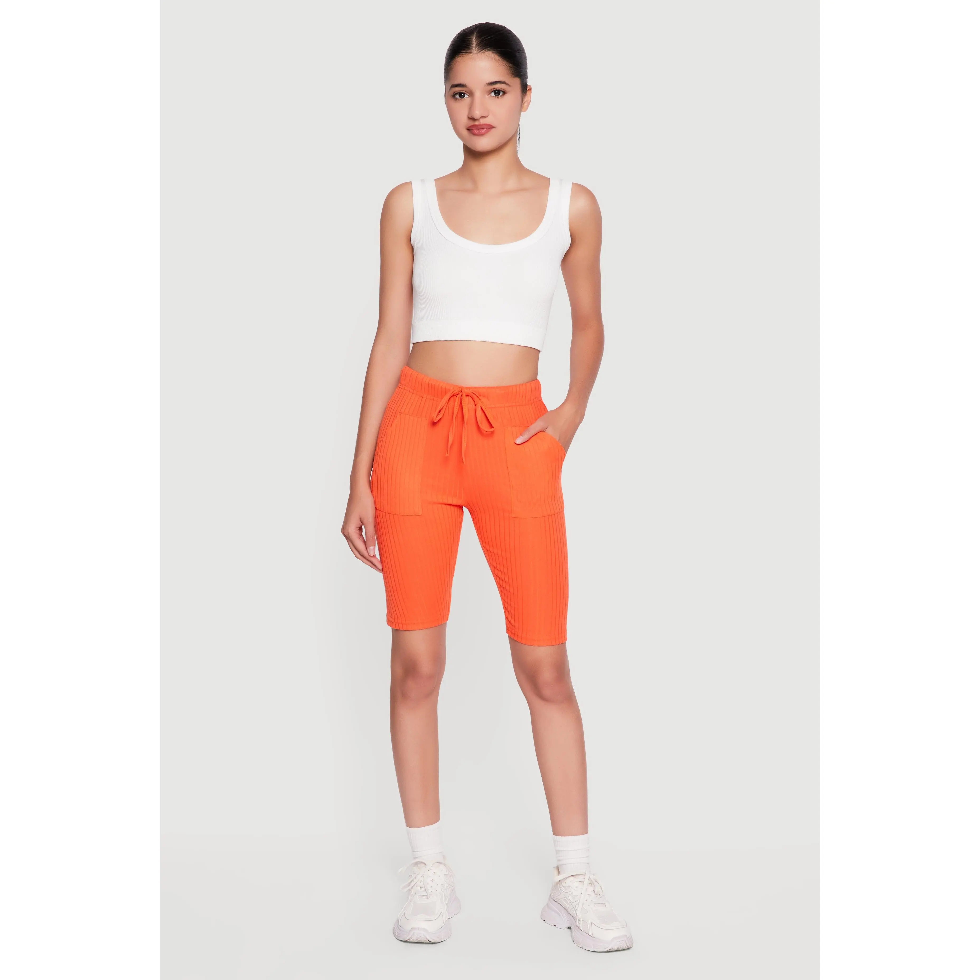 Faux Drawstring Waist Ribbed Knit Shorts
