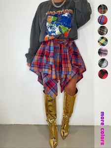 Y2K Plaid Tie Waist Skirt for Women – Asymmetrical Hem Streetwear Mini Skirt for Baddie Outfits