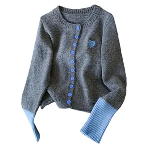 Plus Size - Plus Size - Women'S Oversized Gray & Blue Color Block Cardigan with Heart Detail - Loose Fit Round Neck Long Sleeve Button-Up Sweater for Spring/Fall, Casual Chic Layering Piece, Spring Outerwear, Playful Design, Soft Texture