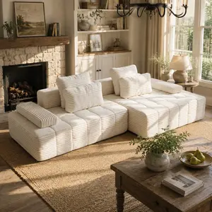 【Summer vibes】  110-in L-Shaped White Corduroy Modular Cloud Sofa - Rustic, Striped, Tufted, Frame-Free, Ergonomic, Sunroom & Home Compatible, Modern Sectional Living Room Furniture, Shipped in 2 Boxes