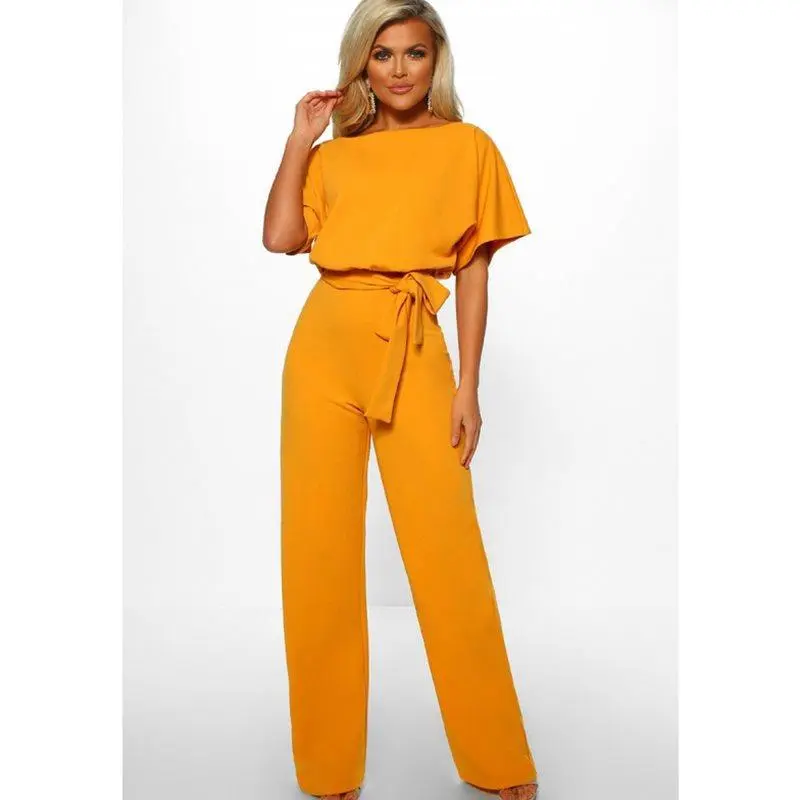 Womens Loose Short Sleeve Belted Wide Leg Pant Romper Jumpsuit Casual Business One Piece Outfits