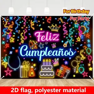 Neon Happy Birthday Banner with Balloons and Confetti 2D Flat Flag 43x20.32 cm Party Background Decoration Photography Prop for Birthday Party Ornaments Feliz Cumpleanos