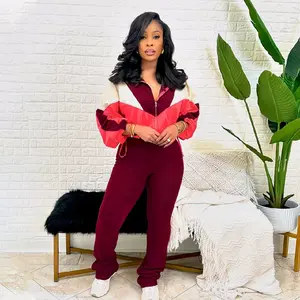 Colorblock Zip-Up Jacket & High-Waisted Leggings Set for Women Womenswear Outfit Casual Clothes- MAROON