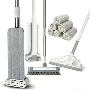 Hands-Free Self Wringing Flat Mop - Microfiber Tool with Washable Pads, Scrub Brush, Squeegee (1 Mop+6 Pads+1 Brush+1 Wiper)
