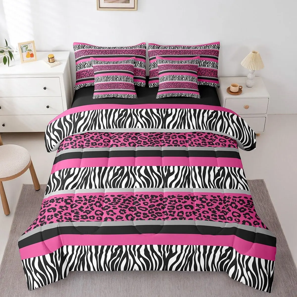 Feelyou 7-PCS Microfiber Bedding Set - Pink, Black and White Zebra & Leopard Print Faux Fur Comforter Set King with Bed Sheets for Bedroom Inspo, Bed Sheets Set