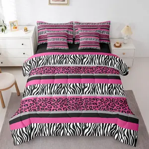Zebra Stripes Bed in a Bag,Leopard Print 7 PCS Comforter & Sheets,Pink Black White Zebra Leopard Fur Bed in a Bag,Wild Animal Skin Texture Comforter