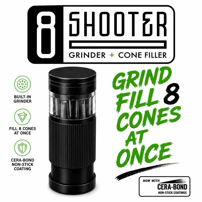 8 Shooter Precision Cone Filling Tool, 8 Paper Cones Filler, 8 Slot Fill System, Non-Stick Cera Bond Coat, CNC Machined Anodized Aluminum, Precision Diamond Teeth Mill, Heavy-Duty Construction, Consistent Fill Performance - Black