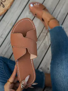 Women's Fashion Flat Sandals, Plain Color, Granular Texture, Suitable for Home, Outdoor, Beach, Casual Style, Artificial Leather