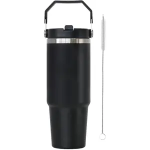 Insulated Travel Tumbler, 5 Colors, Stainless Steel with Handle Lid (Black)