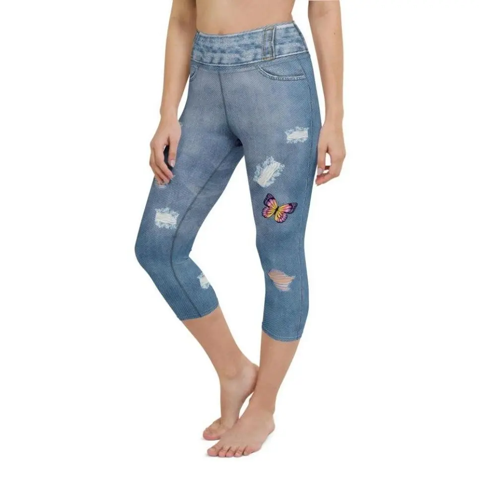 Butterfly Denim Print Yoga Capris