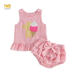 Baby Girl First Birthday Outfit One Ice Cream Embroidery Striped Sleeveless Tank Top Ruffle Bloomers Shorts Set