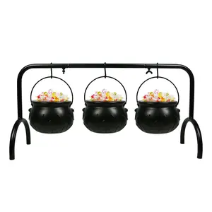 SUNNYGLADE Halloween Cauldron On Rack,Set Of 3 Witches Cauldron Serving Bowls Halloween Candy Bowl,Plastic Black Cauldron Halloween Decor Halloween Party Decoration