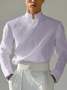 INCERUN Men's Solid Color Plain Long Sleeve Casual Slim Fit Stand Collar Shirt, Perfect for Spring and Autumn, Daily Wear, Comfortable and Stylish