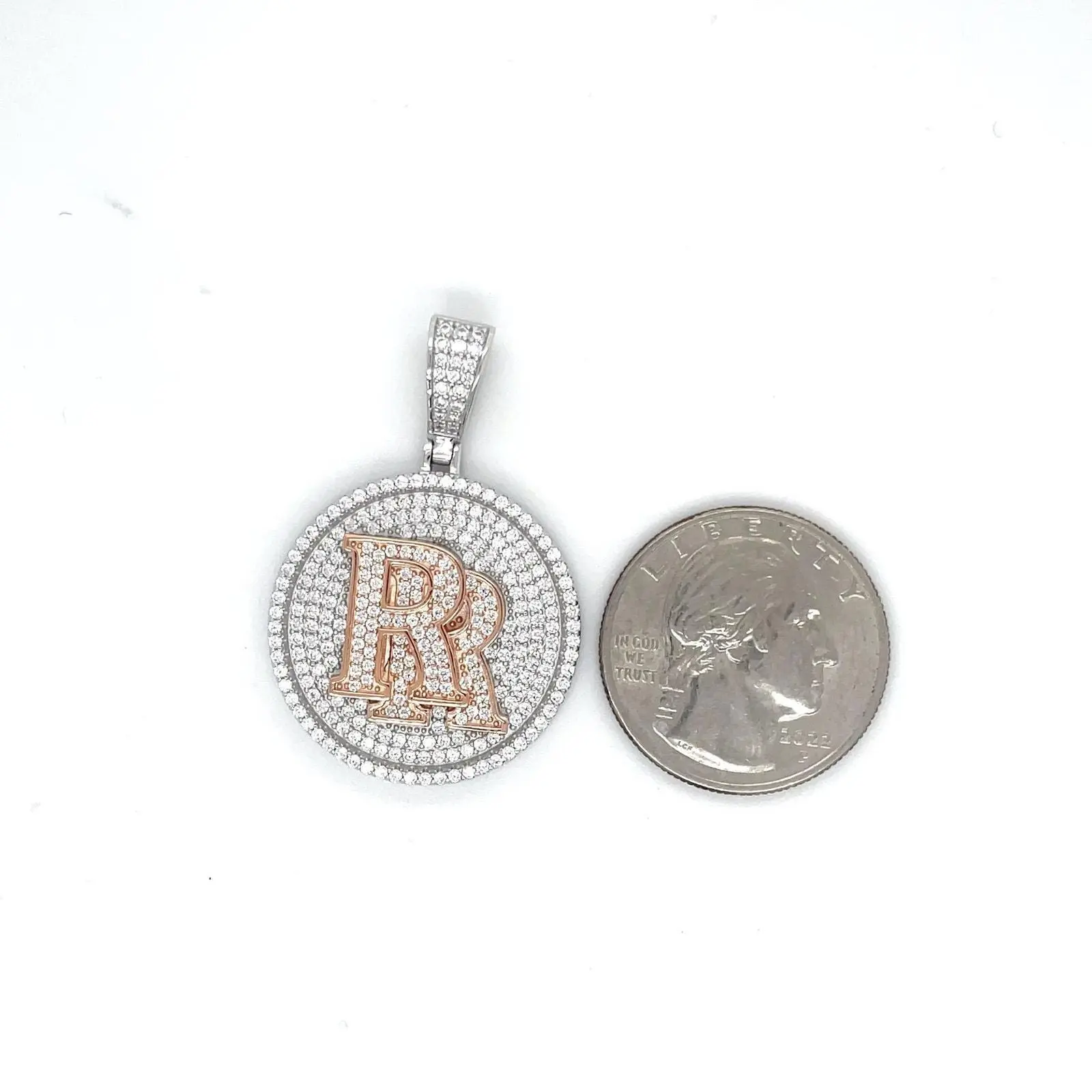 925 Real Silver 2-Tone Iced Look Double Initial "RR" Cubic Zirconia Heart Pendant (SG-72) - Superior, Glamorous 925 Real Silver Necklaces & Pendants