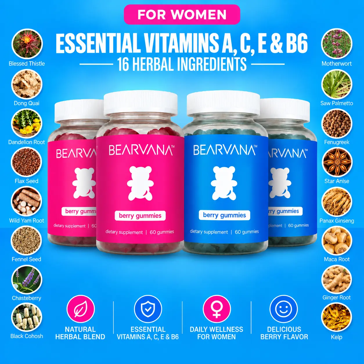 BEARVANA Women’s Daily Vitamin Gummies | Essential Vitamins A, C, E & B6 | 16 Herbal Ingredients | 4 Bottle Combo Pack | Berry Flavor | 240 Gummies