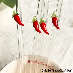 Cartoon Chili Glass Straw Set, Reusable Bent Transparent Thick Glass Straws, Kitchen, Party, Gift, Summer, Hawaiian Style, Graduation, Easter