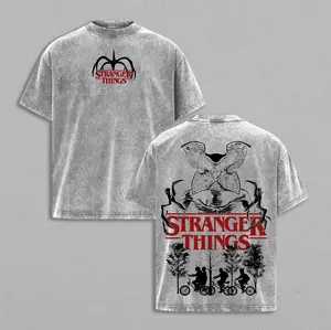 Stranger Things T Shirt Vintage Washed Oversized Graphic Tee Demogorgon Retro Horror Series Shirt Hawkins Bike Scene Streetwear Top for Fans Men Women