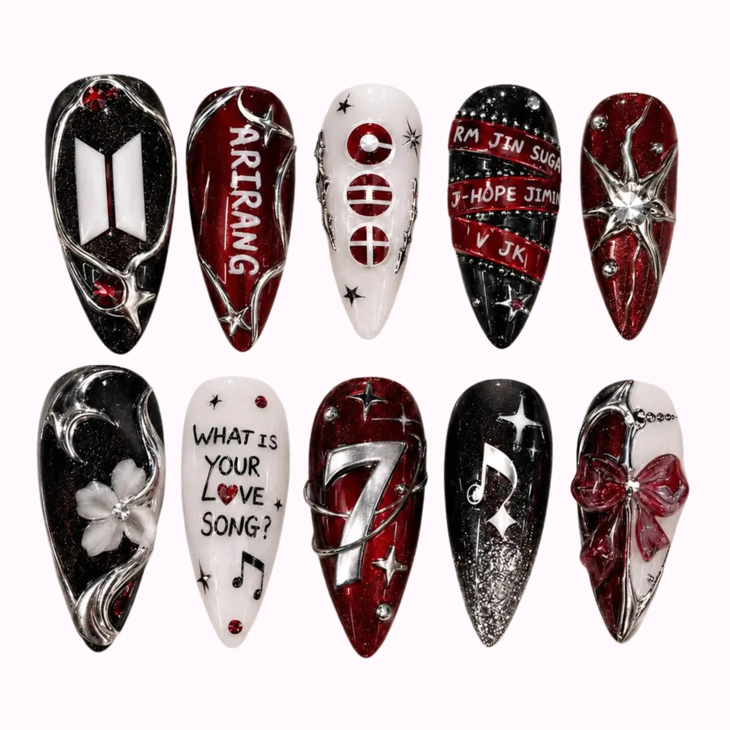 Bangtan Arirang Press On Nails, Red Black Silver Kpop Nail Set, Army Concert Gift, Red Black Glitter Music Note Bow Charm Handmade Reusable Custom Fake Nails