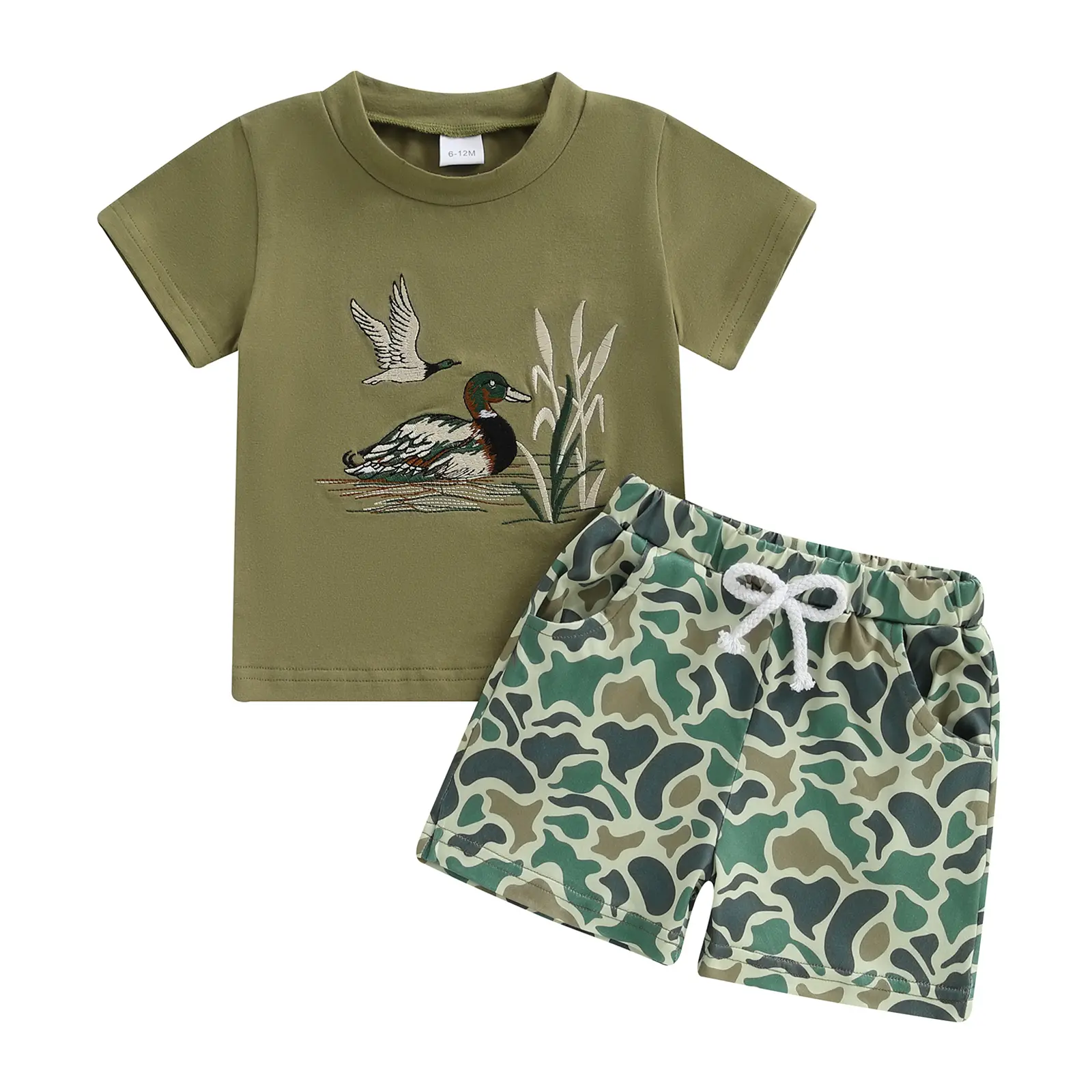 Baby Boys Hunting Duck Summer Clothes Toddler Short Sleeve Mallard Duck Embroidery T-Shirt Tops Camouflage Elastic Wais Shorts