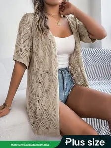 【Plus Size】 Solid Color Fitted Hollow Out Open Front Cardigan, Casual Short Sleeve Knitwear for Daily Wear, Women's Plus Clothing for All Seasons, Tops