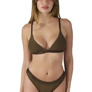 PSD Womens Coco Brown Solid Triangle Bralette - Breathable Mesh Fabric Bralette with Adjustable Straps, Soft Comfortable and Cute Womenswear