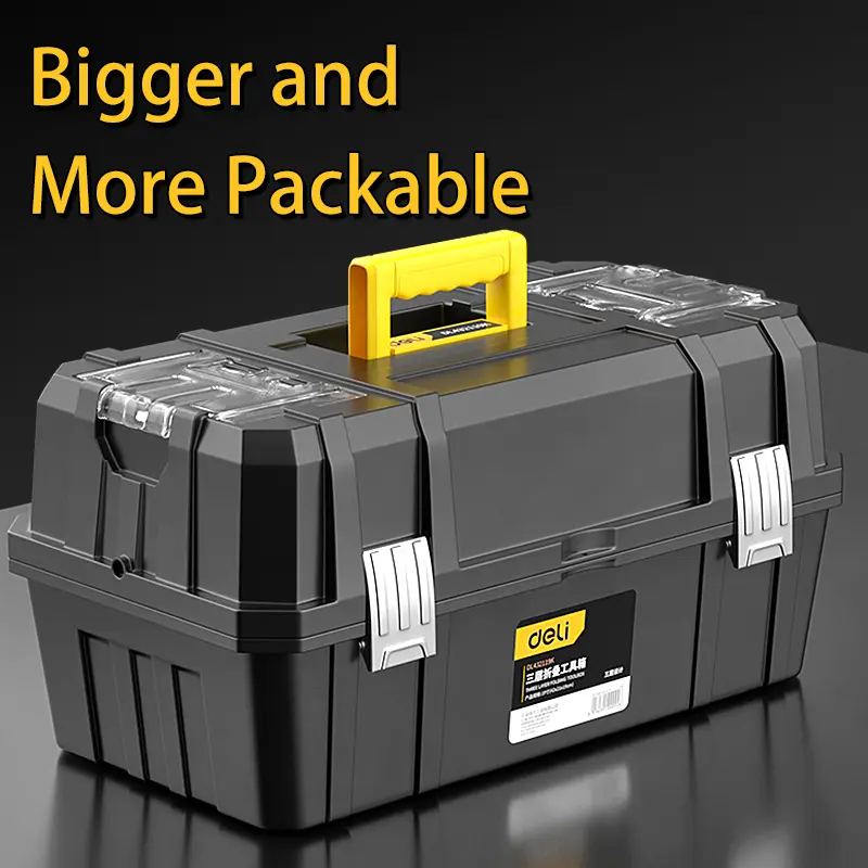 19-in Triple Layer Folding Toolbox with Folding Mechanism, Metal Snaps, Tray Dividers, Impact-Resistant Hardware Storage Box for Workshop, Home Repair Organization