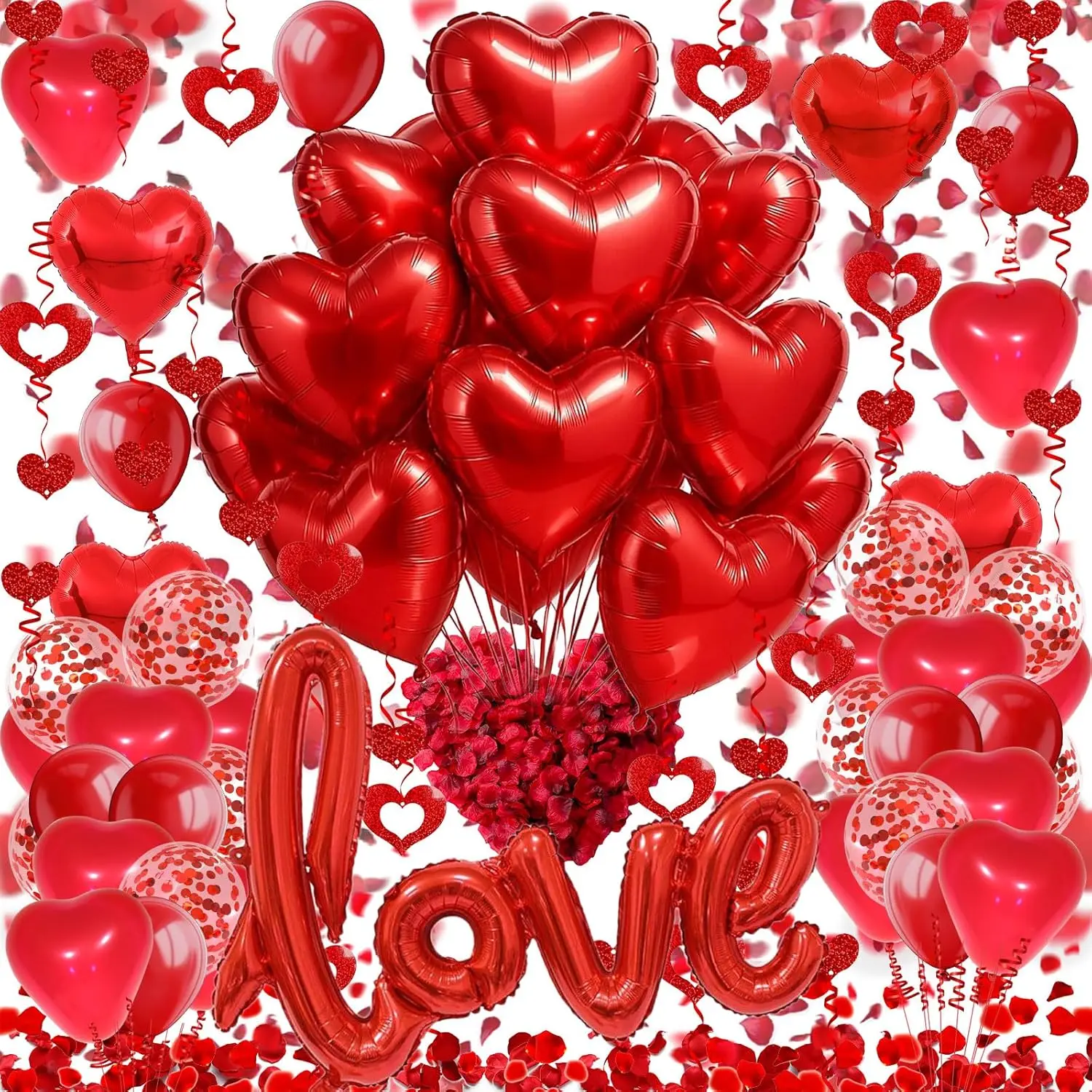 Love and Heart-Shaped Aluminum Foil Balloon,Heart-Shaped and Round Latex balloons,Confetti Balloon,Fake Petals,Hanging Streamers for Valentines Bridal Shower Anniversary Engagement Decorations