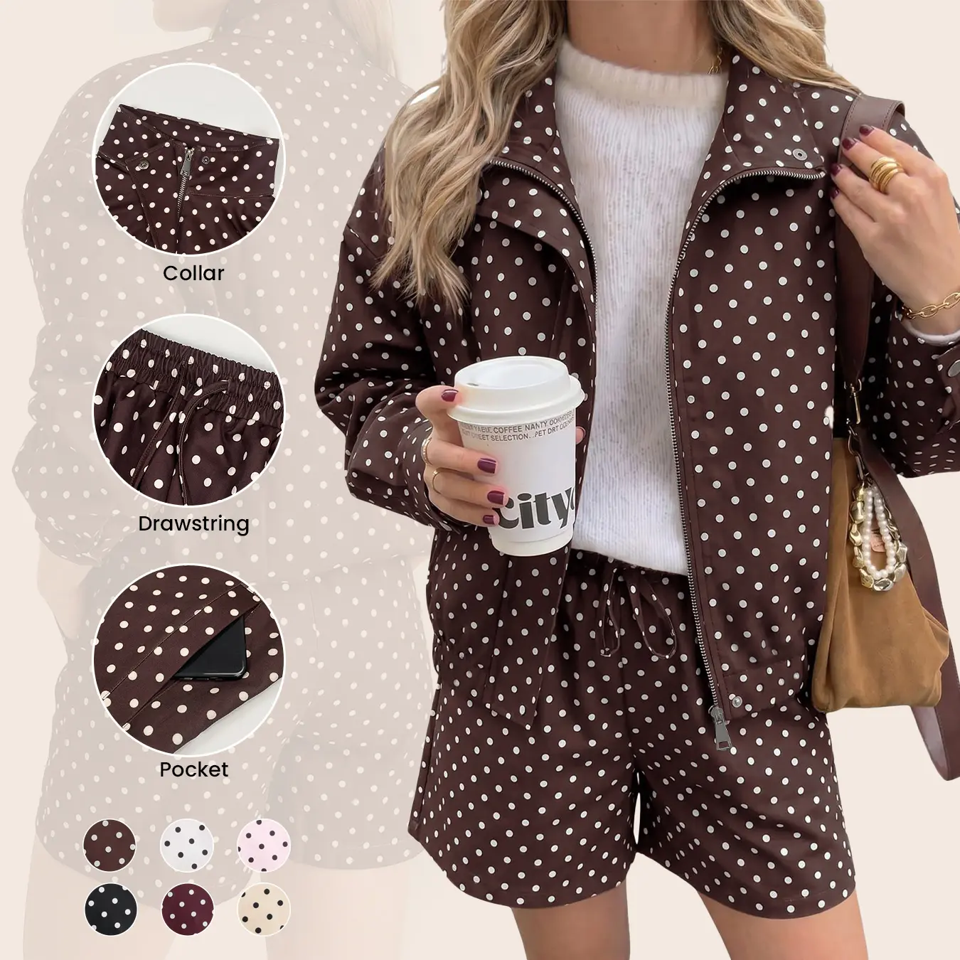 Aswulk Womens Polka Dot 2‑piece Outfit, Zip‑up Cropped Windbreaker Jacket And Shorts Set | Lapel Collar, Lightweight, Oversized, Athleisure Streetwear, Casual Trendy For Spring Fall