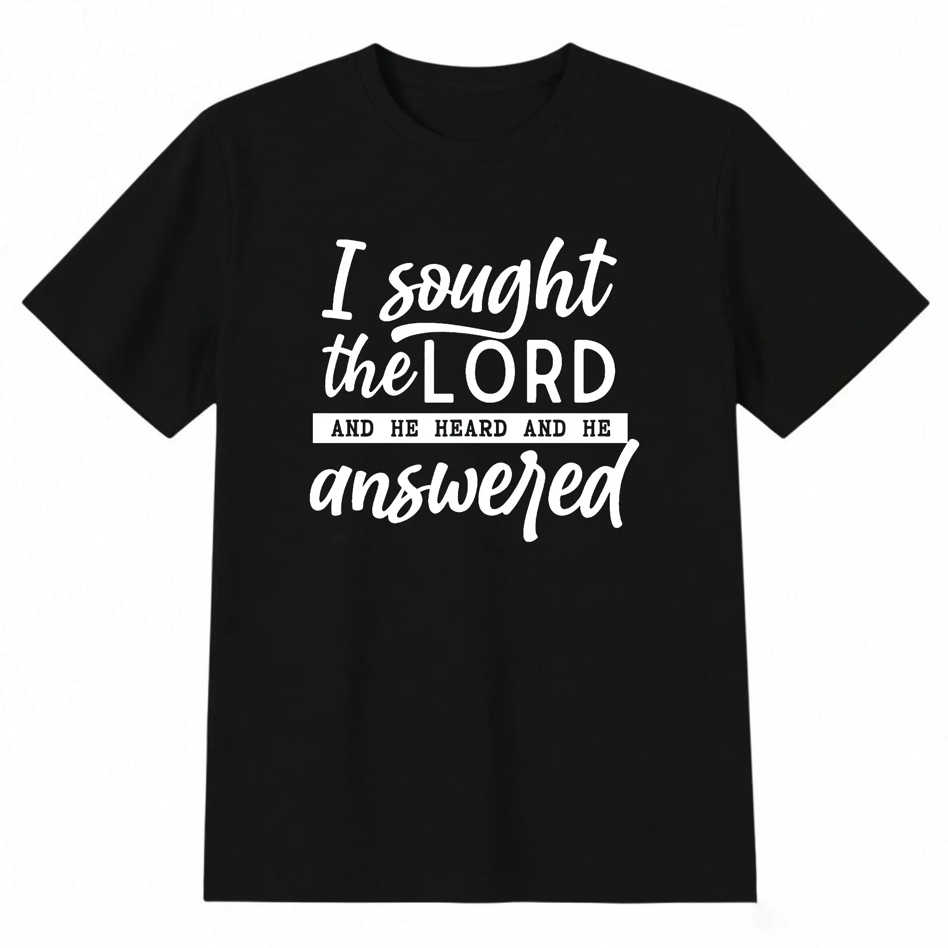 'I sought the LORD AND HE HEARD’ Scripture Tank - Mixed Typography Design in Essential White & Black,Personalized short-sleeved T-shirt for casual daily wear.Simple style.Ideal for home and leisure.