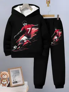 Kids Sports Style Set Football Star Character Printed Hoodie + Casual Jogger Pants, Slim-Fitting, Spring & Fall, Casual Wear