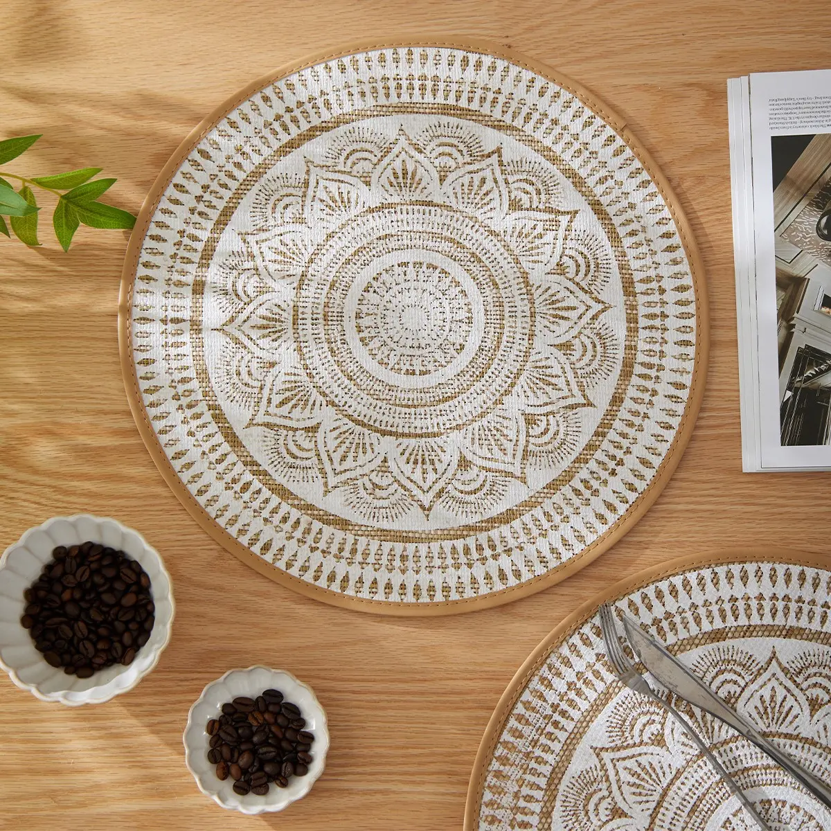 6pcs/set Bohemian Jute Printed Placemats with Faux Leather Edges, Boho Placemats, Household Placemat, Jute Woven Placemats Bohemian Style Party Decoration Kitchen Decorative Placemat