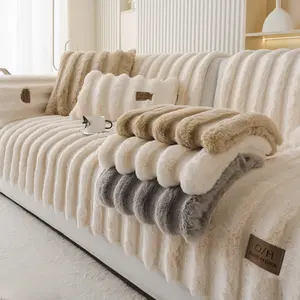 Faux-Fur Plush Sofa Cover, 1 Count Ribbed Thick Warm Couch Cover, Pet-Friendly Non-Slip & Machine Washable, Anti-Scratch, Multi-Color, Fits 1/2/3/4-Seater & L-Shape Sectional, Easy Install, Cozy Living Room Decor, Soft Sofa Protector, Cover for Sofa