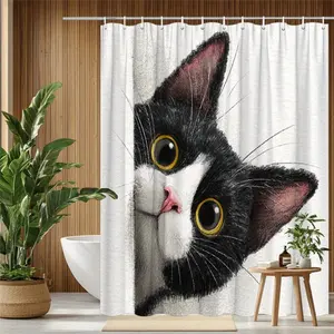 Cat Shower Curtain, Eye Curious Cat Pattern, Durable Polyester Fabric, & Air Dry, Modern Bathroom Decor, Bathroom Decoration Accessories