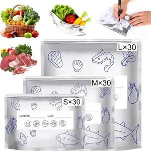 30PCS Aluminum Foil Sealable Storage Bags with Label and Zip Lock, Stand Up Food Storage Bags for Vegetables, Fruits and Meat (3 Sizes)