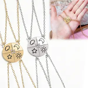 Friendship Magnetic Necklace for 4 Best Friends Celestial Set, Sun Moon Star Cloud Matching Necklaces Jewelry Gift for Girls Women, Birthday BFF Gifts Jewelry Set Gold/Silver Tone Pendant
