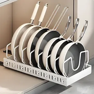 Pots and Pans Organizer Under Cabinet,Deep Pull Out Pot Lid Organizer Holder,Pot and Pan Holder Rack with 10 Adjustable Dividers Complex Kitchen Environments Easy To Clean