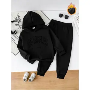 Boys' Fashion Casual Fall Winter Los Angeles Print Hooded Sweatshirt Set, Thick Warm Long Pants, Outdoor Sports for Kids Ages 12 & Below